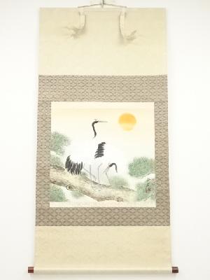 梅石筆　松上鶴　肉筆絹本掛軸（共箱）